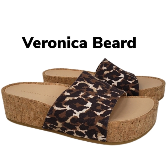 Veronica Beard Leopard Print Fabric Slides Cork-Leather Platform Sz. 7.5M - Picture 1 of 10